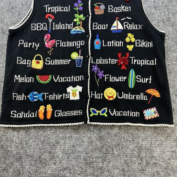 Vintage Marisa Christina Sweater Vest XL Black Embroidered Summer Beach Grandma - Picture 3 of 11